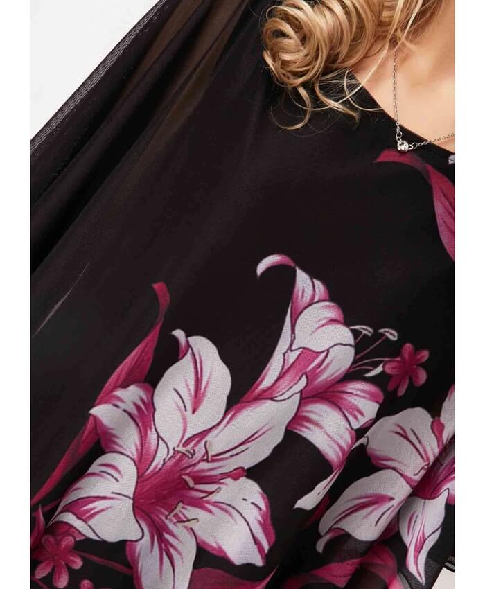 Flower Print Black Chiffon Overlay Blouse